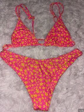 Kulani Kinis Pink and Yellow Daisy Print Triangle Bikini